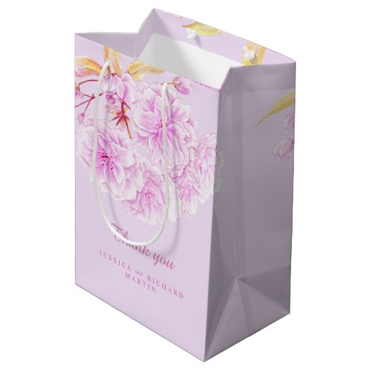 薄紫ピンクの花結婚の芸術感謝していあなた ミディアムペーパーバッグ (裏面アングル)