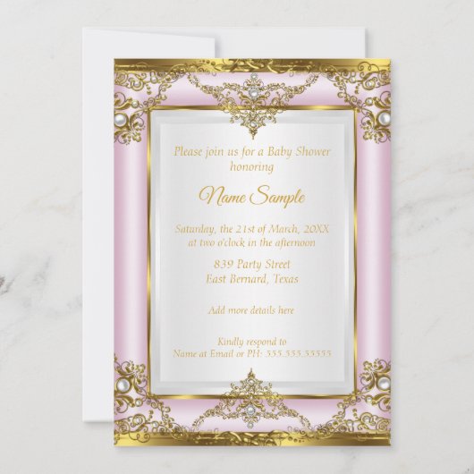 薄紫ピンクの金ゴールドプリンセス赤ちゃんシャワーエスニック 招待状 (裏面)