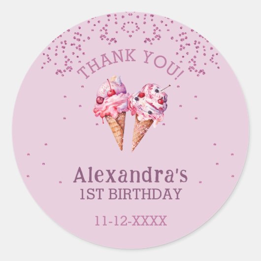 薄紫ピンクガールアイスクリーム1st誕生日ありがとう ラウンドシール (正面)