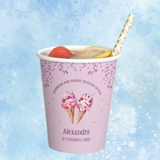 薄紫ピンクガールアイスクリーム1st誕生日パーティー 紙コップ