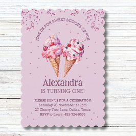 薄紫ピンクスプリンクルズガールアイスクリーム1st誕生日 招待状