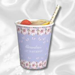 薄紫ピンクフローラガールバタフライ1st誕生日 紙コップ