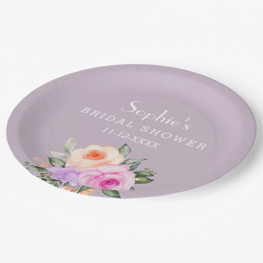 薄紫ピンクブライトフローラバラブライダルシャワー ペーパープレート (アングル)