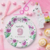 薄紫ピンク水彩フローラ モノグラムの ペーパープレート (パーティー)