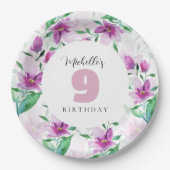 薄紫ピンク水彩フローラ モノグラムの ペーパープレート (正面)