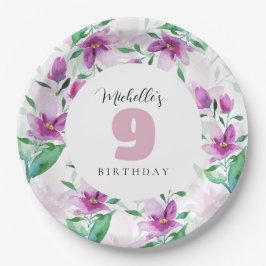 薄紫ピンク水彩フローラ モノグラムの ペーパープレート