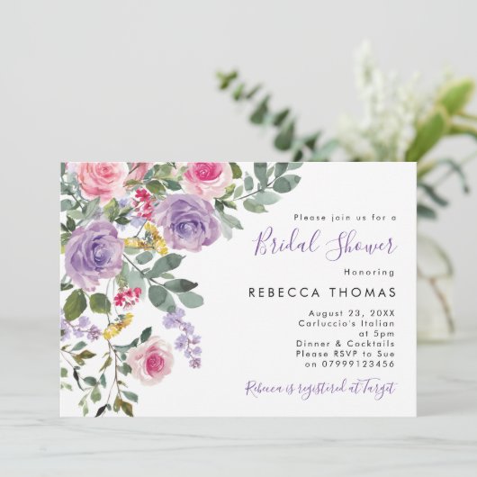 薄紫ピンク赤面花模様ブライダルシャワー招待 招待状 (スタンド正面)