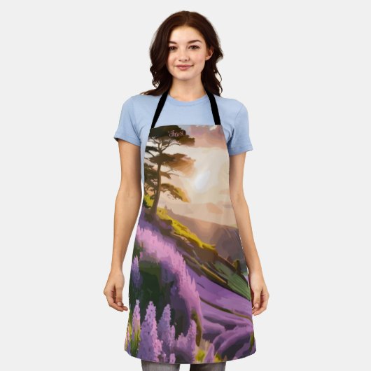 薄紫フラワーズ開花オンヒルアットサンセットグロー エプロン (着用した状態)
