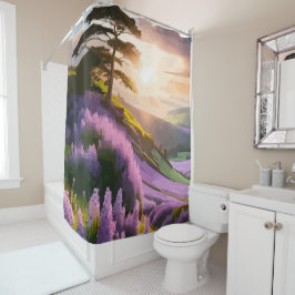 薄紫フラワーズ開花オンヒルアットサンセットグロー シャワーカーテン
