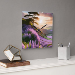 薄紫フラワーズ開花オンヒルアットサンセットグロー スクエア壁時計