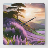 薄紫フラワーズ開花オンヒルアットサンセットグロー スクエア壁時計 (正面)