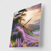 薄紫フラワーズ開花オンヒルアットサンセットグロー スクエア壁時計 (傾斜)