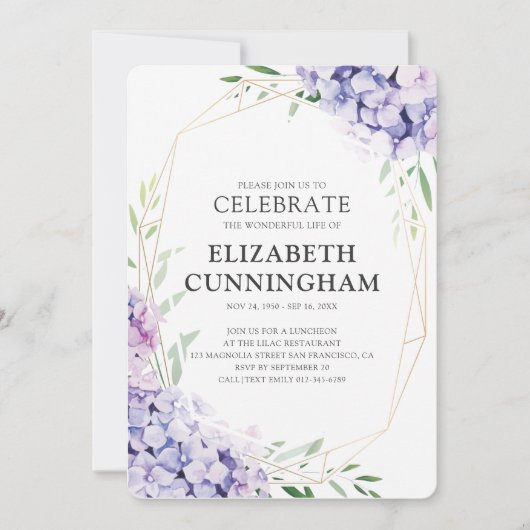 薄紫フローラの幾何学的お祝い 招待状 (正面)