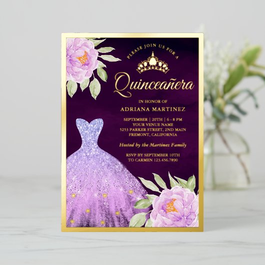 薄紫フローラガウンパープルキンセアニェラ金ゴールド 箔招待状 (立ち正面)