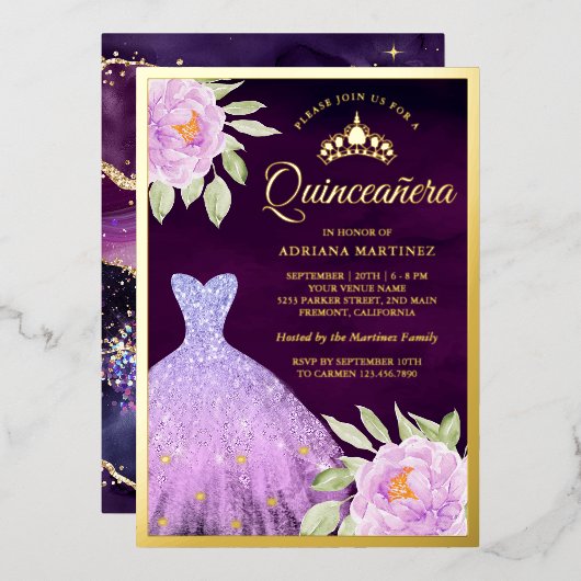 薄紫フローラガウンパープルキンセアニェラ金ゴールド 箔招待状 (正面/裏面)