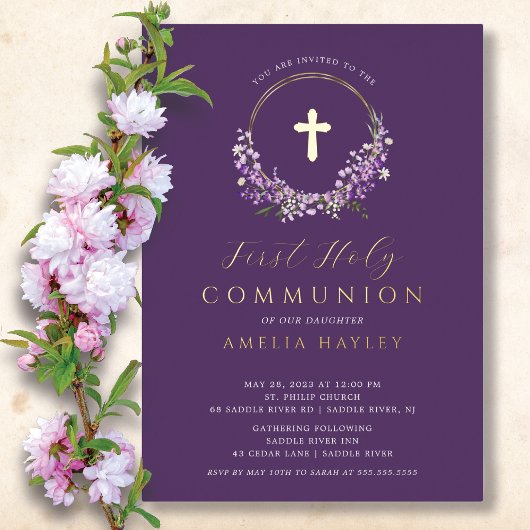 薄紫フローラガールズファーストコミューオンフォイル招待状 箔招待状