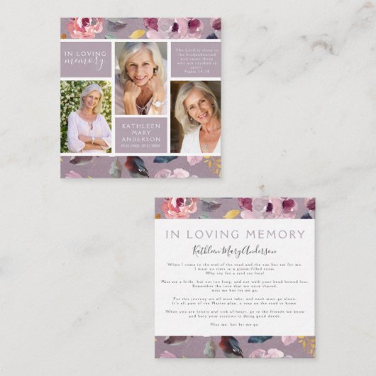 薄紫フローラコラージュ葬儀記念カード スクエア名刺 (正面/裏面)