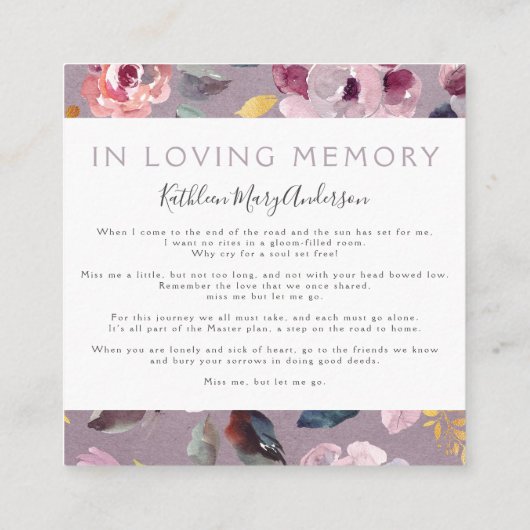 薄紫フローラコラージュ葬儀記念カード スクエア名刺 (裏面)