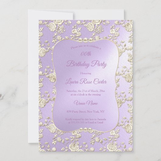 薄紫フローラダマスクバラセピア金ゴールド誕生日パーティー 招待状 (正面)