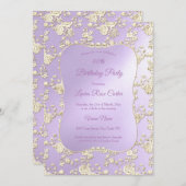 薄紫フローラダマスクバラセピア金ゴールド誕生日パーティー 招待状 (正面/裏面)