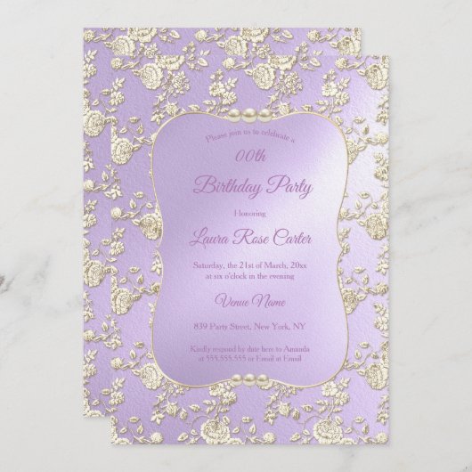 薄紫フローラダマスクバラセピア金ゴールド誕生日パーティー 招待状 (正面/裏面)