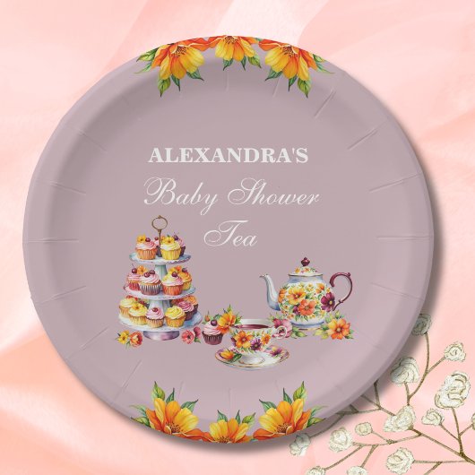 薄紫フローラティーパーティーベビーシャワー ペーパープレート