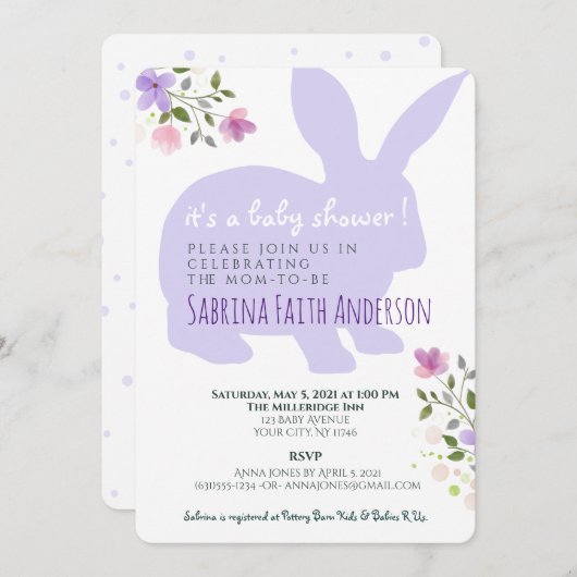 薄紫フローラバニーベビーシャワー招待状 招待状 (正面/裏面)