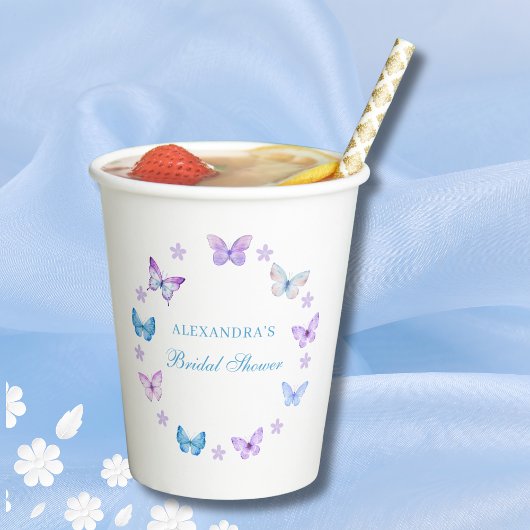 薄紫フローラブルーパープルバタフライブライダルシャワー 紙コップ