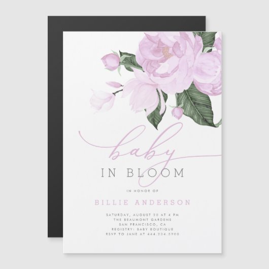 薄紫フローラベビーイン開花シャワーガール マグネット招待状 (正面/裏面)