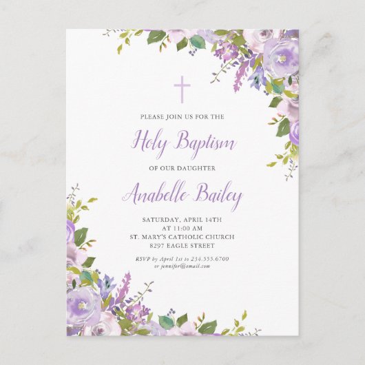薄紫フローラベビーガールバプテスマ招待状はがき 案内ポストカード (正面)