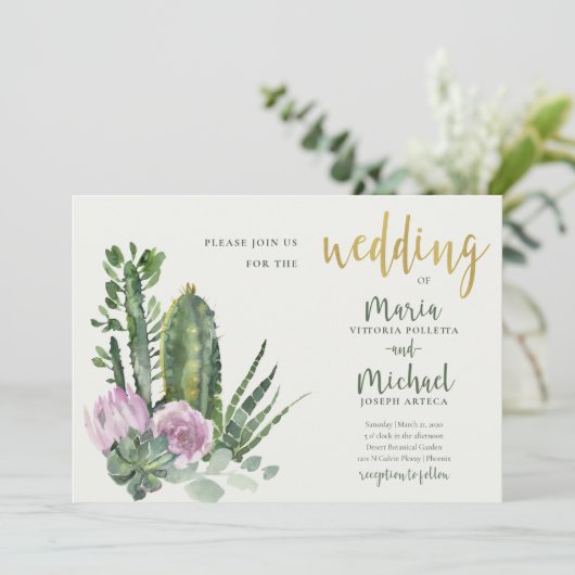 薄紫フローラ砂漠のサボテンの水の色結婚の 招待状 (スタンド正面)
