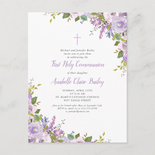 薄紫フローラ第一通信招待状はがき 案内ポストカード (正面)