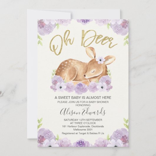 薄紫フローラ素朴鹿ベビーシャワー招待状 招待状 (正面)