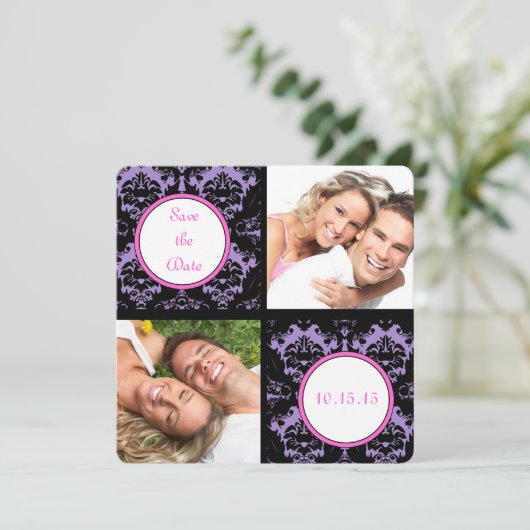 薄紫ブラックダマスクピンクウェディング日付を保存 セーブザデート (スタンド正面)