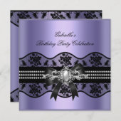 薄紫ブラックレースパールエレガントバースデーパーティー 招待状 (正面/裏面)