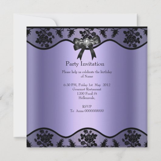 薄紫ブラックレースパールエレガントバースデーパーティー 招待状 (裏面)