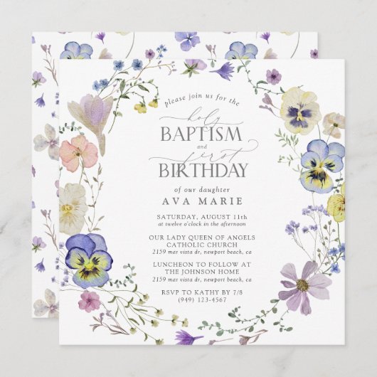 薄紫ブルーフローラ水色バプテスマ1st誕生日 招待状 (正面/裏面)