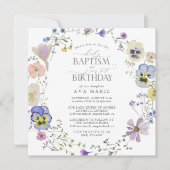 薄紫ブルーフローラ水色バプテスマ1st誕生日 招待状 (正面)