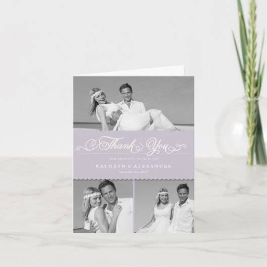 薄紫ホタテのバンドロマンチックな台本3写真結婚の サンキューカード (正面)