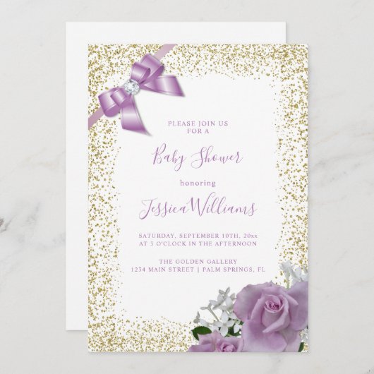 薄紫ボウ&バラ、金ゴールドグリッターベビーシャワーパーティー 招待状 (正面/裏面)