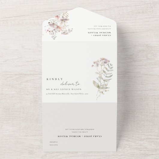 薄紫ボホワイルドフラワーファーンボタニッ結婚クス オールインワン招待状 (外側)