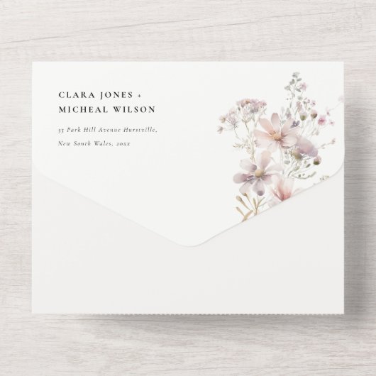 薄紫ボホワイルドフラワーファーンボタニッ結婚クス オールインワン招待状 (裏面)