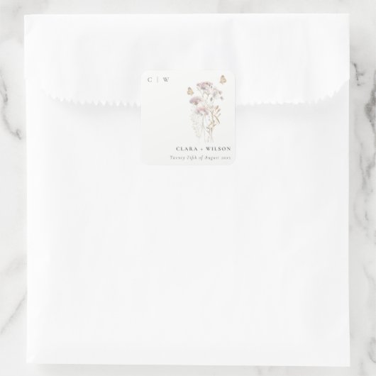 薄紫ボホワイルドフラワーファーンボタニッ結婚クス スクエアシール (バッグ)