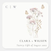 薄紫ボホワイルドフラワーファーンボタニッ結婚クス スクエアシール (正面)