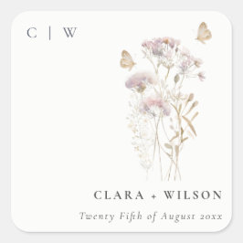 薄紫ボホワイルドフラワーファーンボタニッ結婚クス スクエアシール