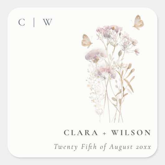 薄紫ボホワイルドフラワーファーンボタニッ結婚クス スクエアシール (正面)