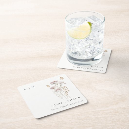 薄紫ボホワイルドフラワーファーンボタニッ結婚クス スクエアペーパーコースター (インサイチュ)