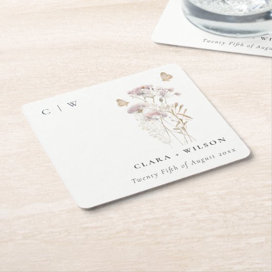 薄紫ボホワイルドフラワーファーンボタニッ結婚クス スクエアペーパーコースター (アングル)