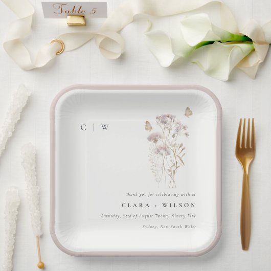 薄紫ボホワイルドフラワーファーンボタニッ結婚クス ペーパープレート (ウェディング)