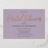 薄紫ミニマリストスクリプトブライダルシャワーバラ金ゴールド 箔招待状 (正面)